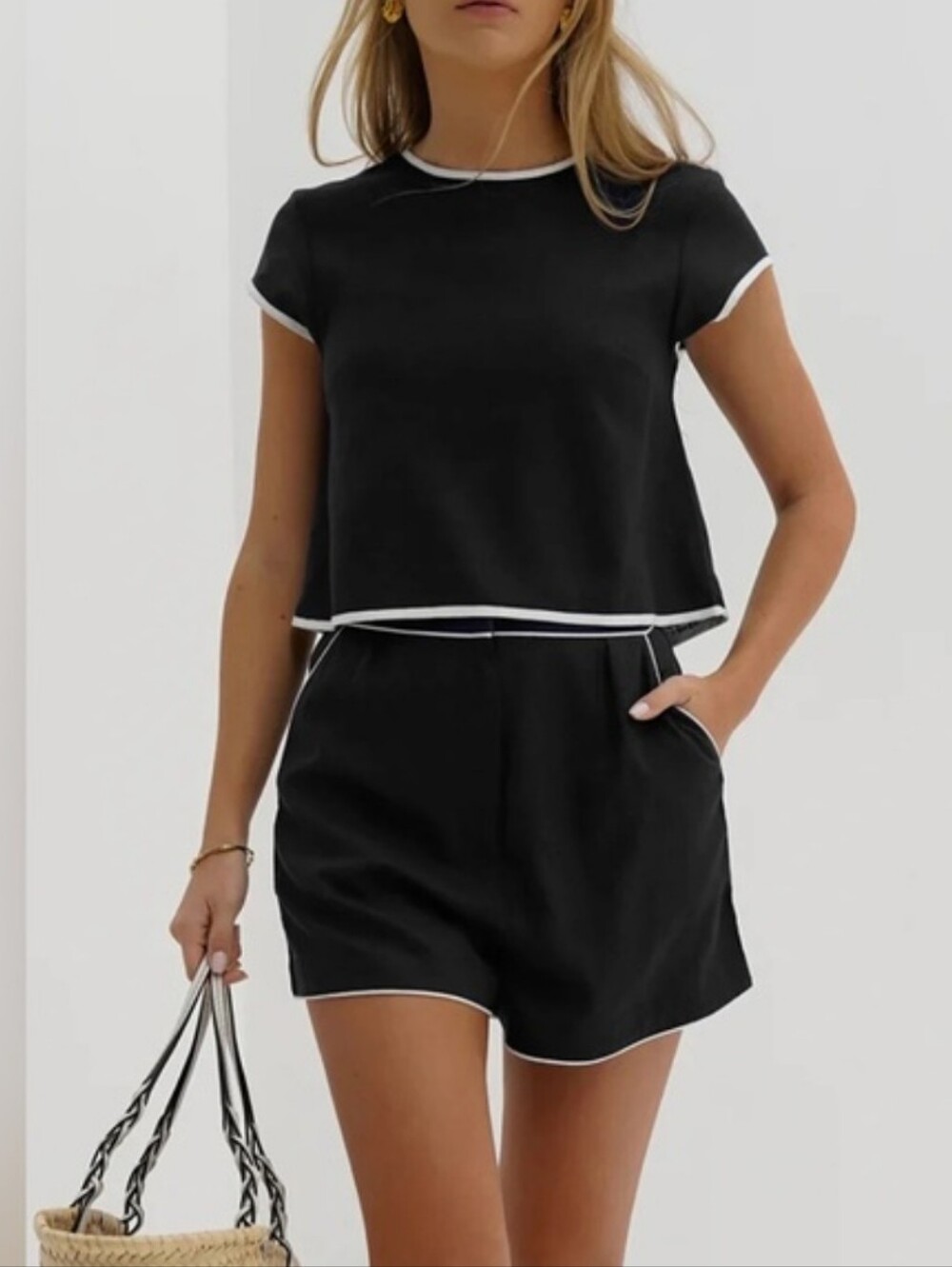 Cotton Contrast-Trim Top And Shorts Set